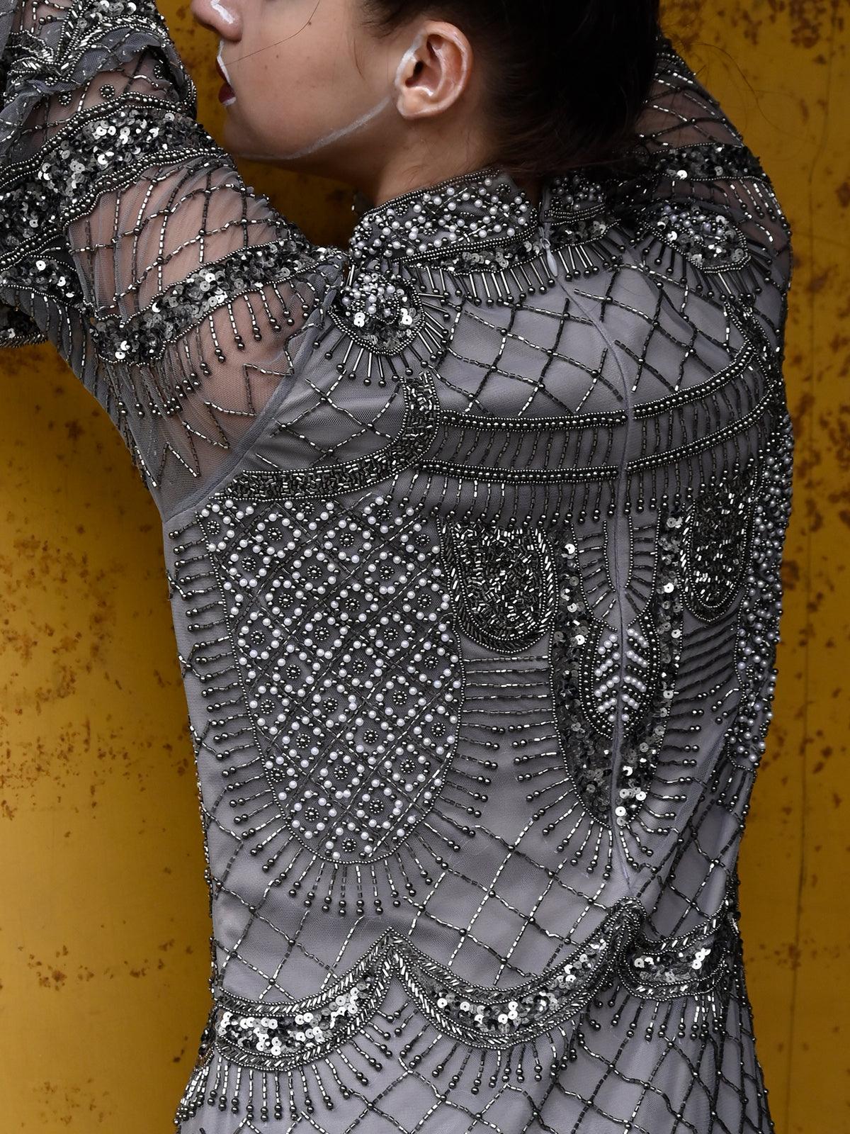 Buy Lavender Grey Sequins Embroidered Net Cocktail Gown Online | Samyakk